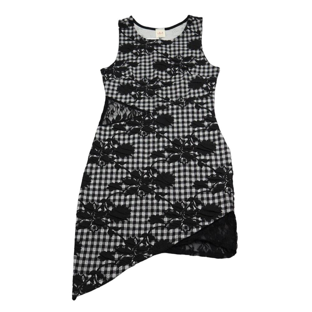 SAGA Dress Womens M Black Bodycon Sleeveless Round Neck Check Sheer Stretch